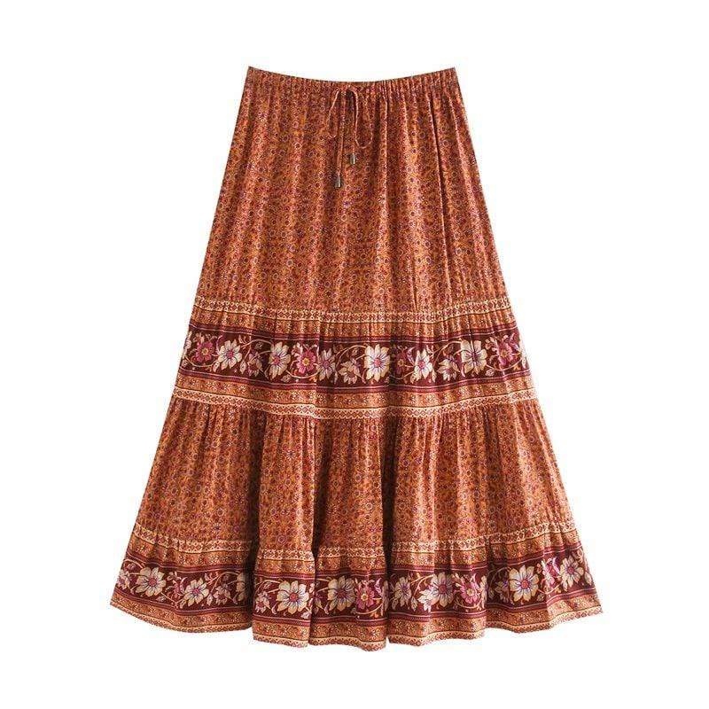 wickedafstore Zephyr Floral Midi Skirt in Brown