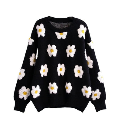 WindMind S / Black Autumn Winter Casual Little Daisy Embroidered Black White Contrast Color round Neck Long Sleeved Pullover