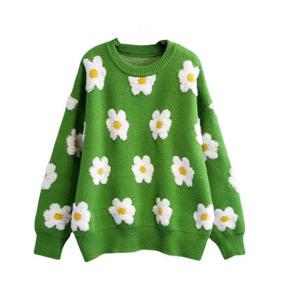 WindMind S / Green Autumn Winter Casual Little Daisy Embroidered Black White Contrast Color round Neck Long Sleeved Pullover