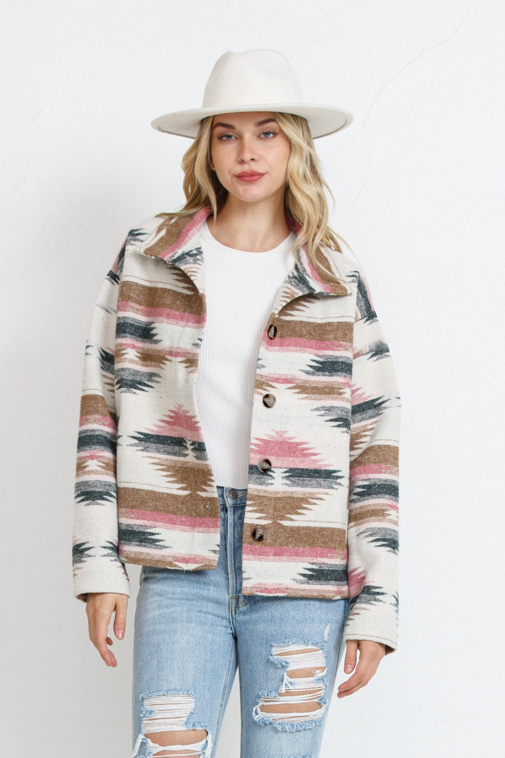 Yanan S / Pink and White Autumn Winter Popular Women Woolen Jacket Aztec Coat